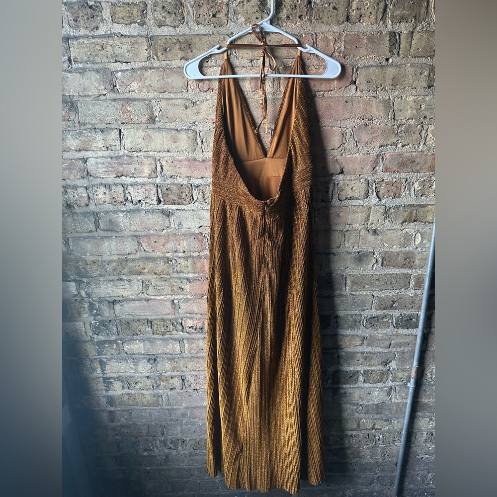 Lulu's Copper Metallic Plunge Maxi Dress - Picture 3 of 6